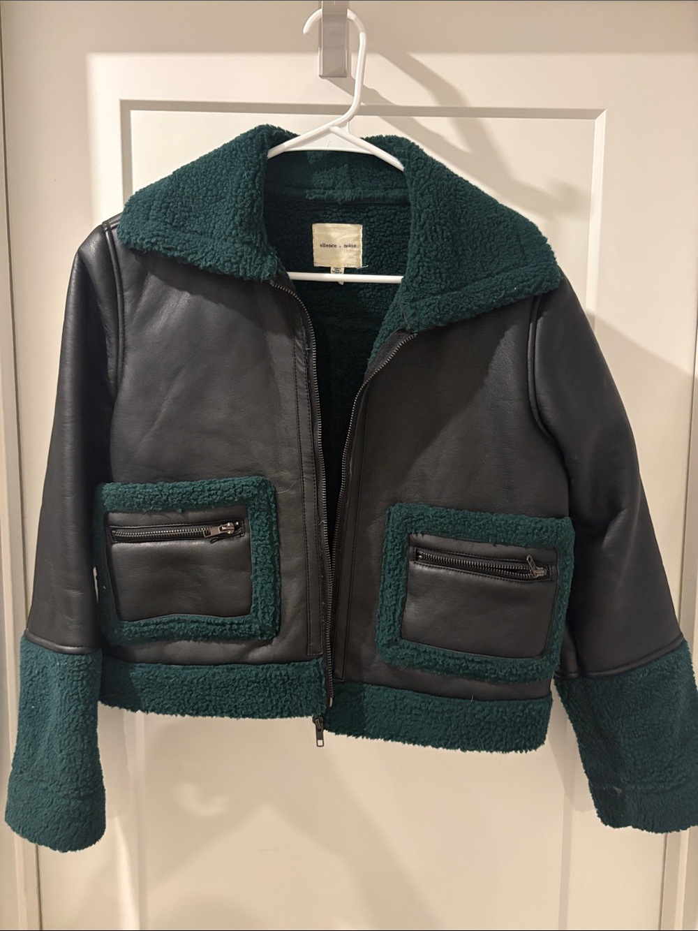 silence + noise Black Faux Leather Teddy Jacket with Green Sherpa Trim